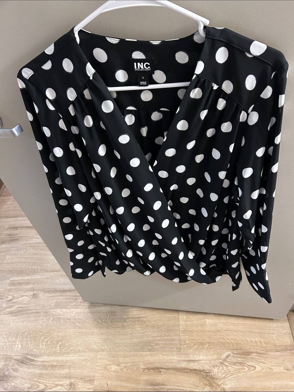 INC International Concepts Black and White Polka Dot Wrap Blouse